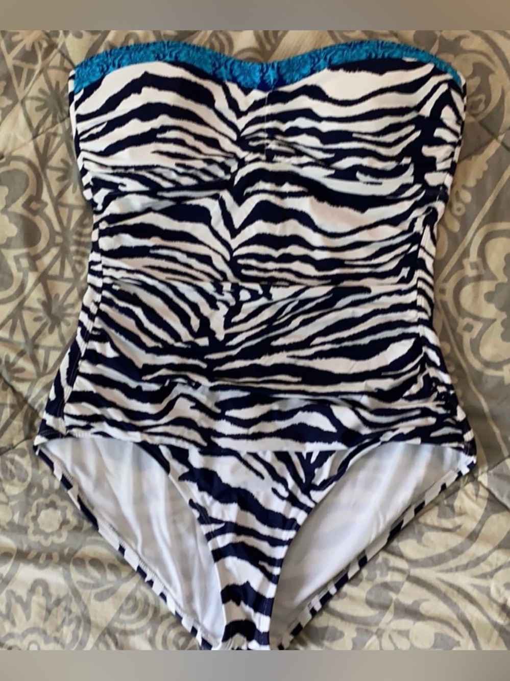 Tommy Bahama Striped Zebra One-Piece Swimsuit with Teal Trim. Size 16